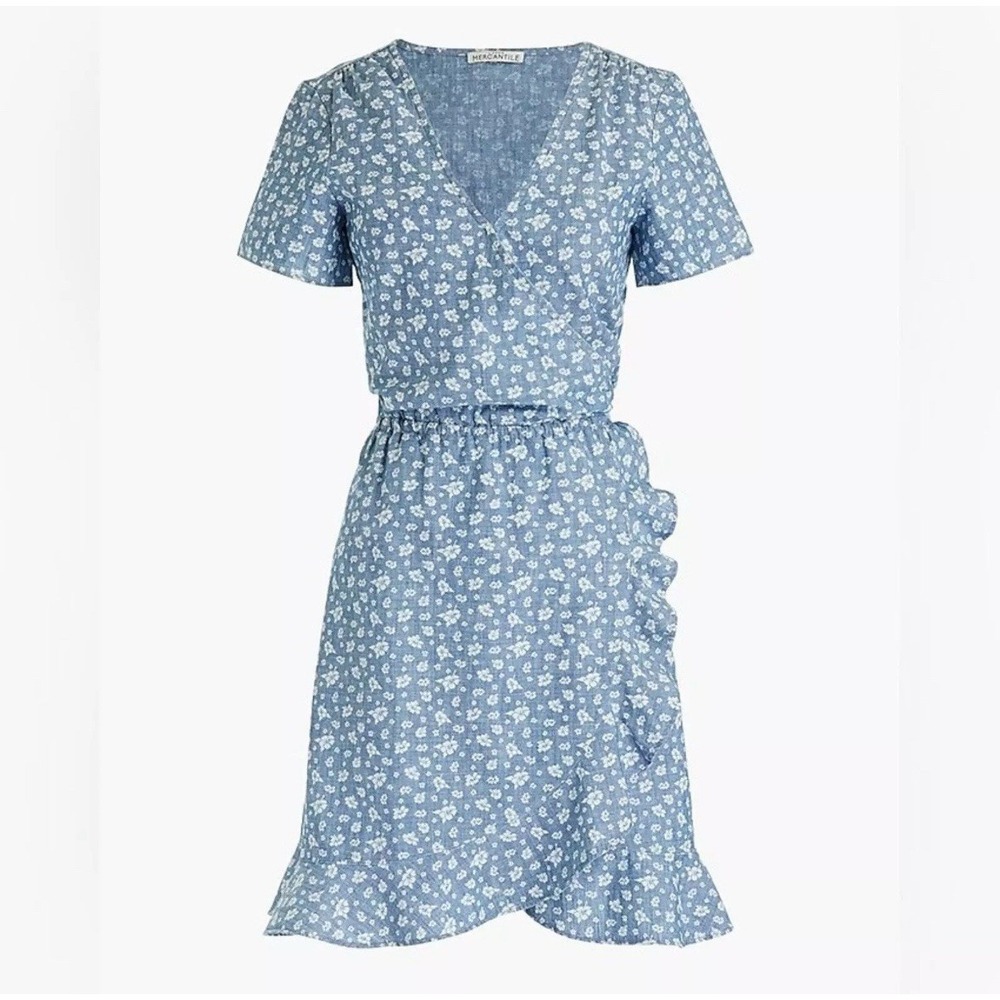 J.Crew Mercantile Dress S Blue Floral Ruffle Hem‎ Faux Wrap Cottagecore Coastal